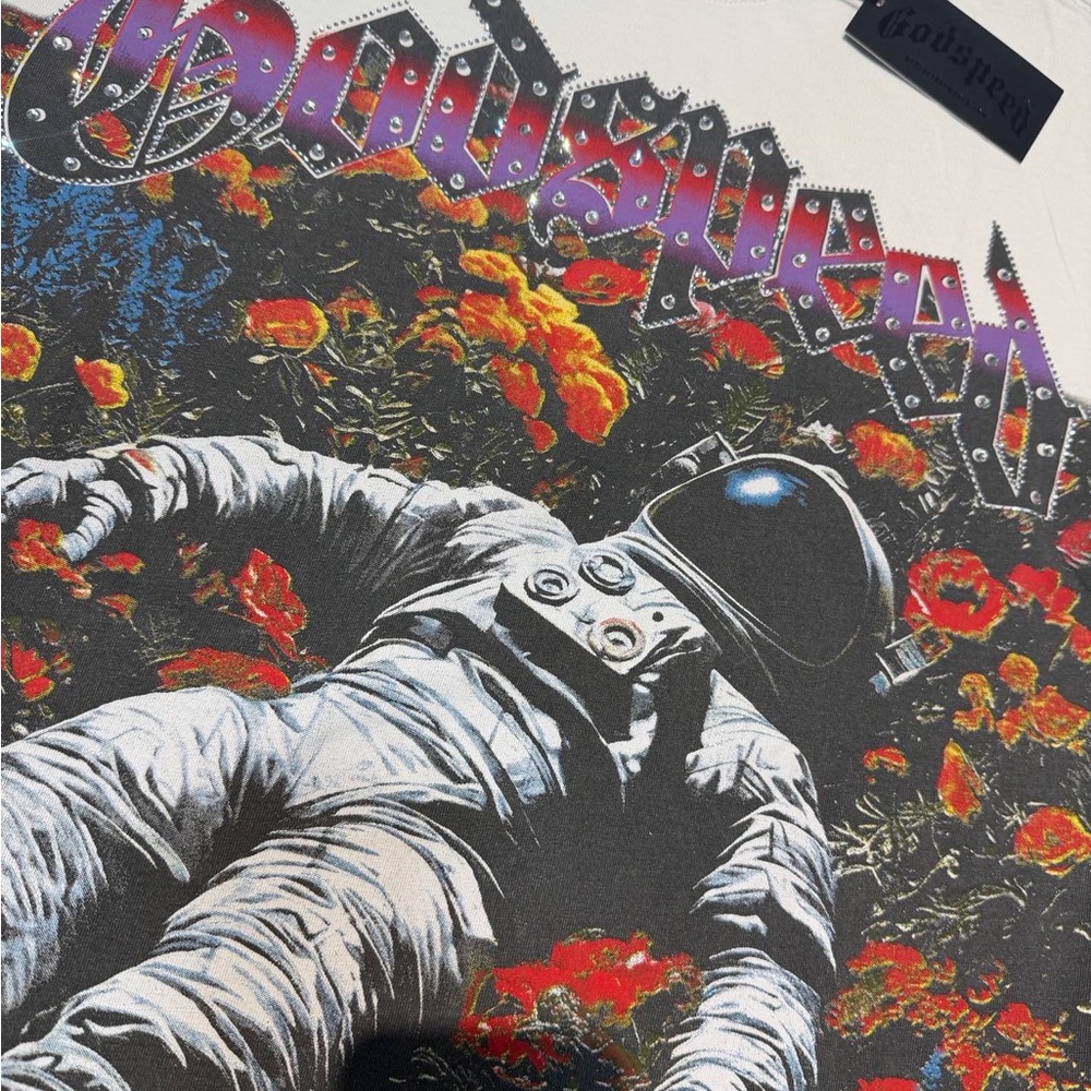 White Graphic Astronaut Floral Short Sleeve Tee by Godspeed - Picture 3 of 4
